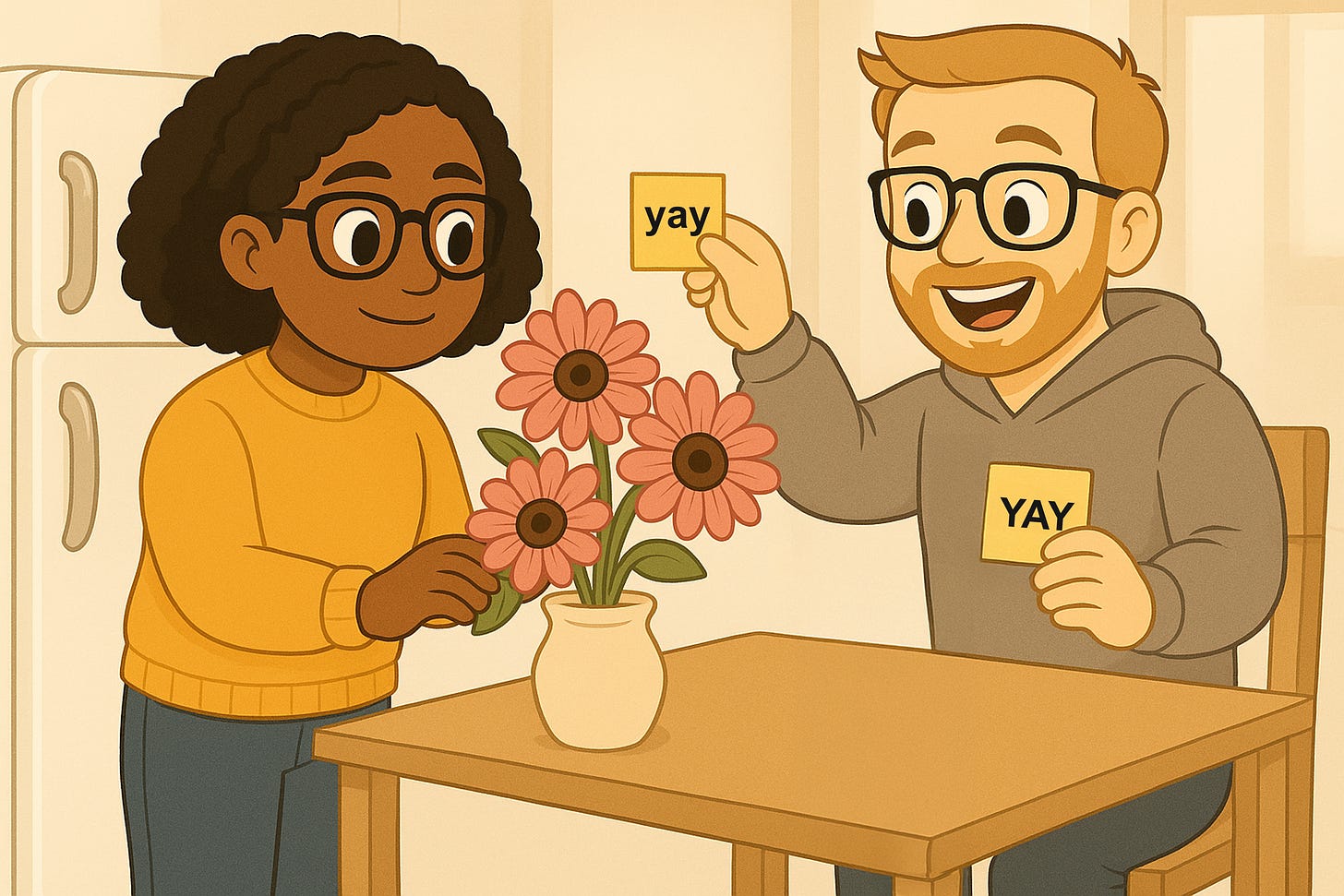 A cartoon of two people at a kitchen table. One person is arranging flowers in a vase, while the other is smiling and holding two sticky notes—one says “yay” and the other says “YAY.” The scene represents how Python handles data types: changing the flowers (mutable) versus swapping out sticky notes for a new message (immutable). A cartoon of two people at a kitchen table. One person is arranging flowers in a vase, while the other is smiling and holding two sticky notes—one says “yay” and the other says “YAY.” The scene represents how Python handles data types: changing the flowers (mutable) versus swapping out sticky notes for a new message (immutable).