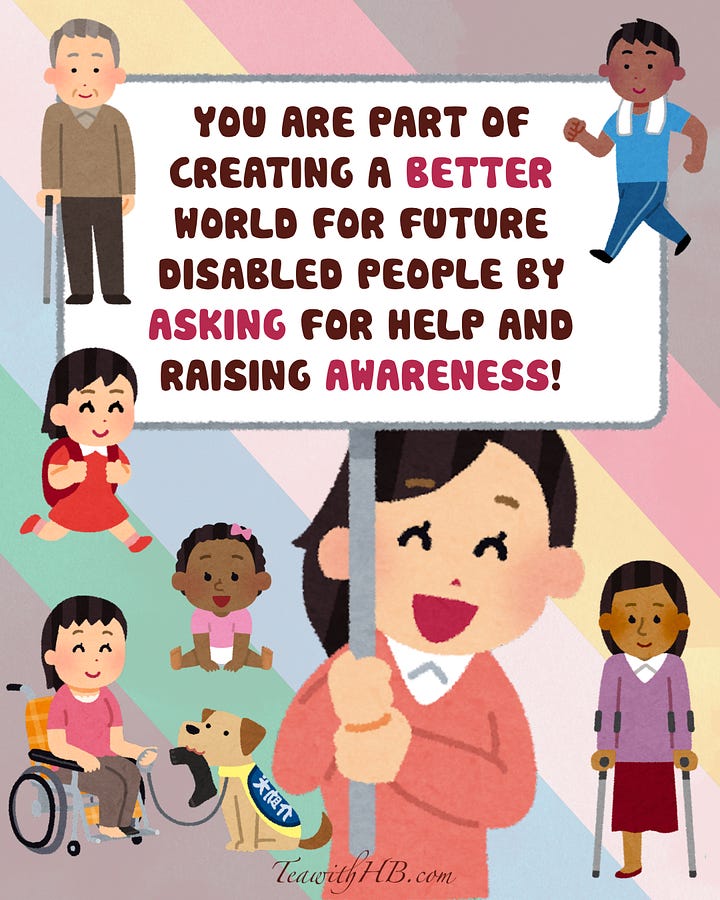 Colorful disability pride post featuring the text "Disability Pride?! 3 Reasons to Feel Proud!" with an illustration of a young girl holding the disability pride flag. Slide 2: Illustration of a smiling woman holding a sign that reads "You are part of creating a better world for future disabled people by asking for help and raising awareness!" Surrounded by diverse illustrated characters including an elderly man with a cane, a chronically ill girl running, a baby, a woman with crutches, a person in a wheelchair, and a service dog. Slide 3: Illustration of a female painter at an easel with text reading "You belong to an incredible community of... imaginative, resilient, and creative people!" Slide 4: Illustration showing a laptop, a girl waving the disability pride flag in bed, using a screen reader. Text reads "You exist in a world that is not designed for you. That is something to be proud of every day of every month!"