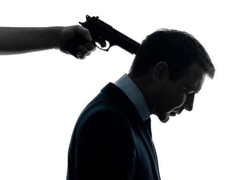 Business Man With Gun Pointing To His Head Silhouette Stock Photo -  Download Image Now - iStock