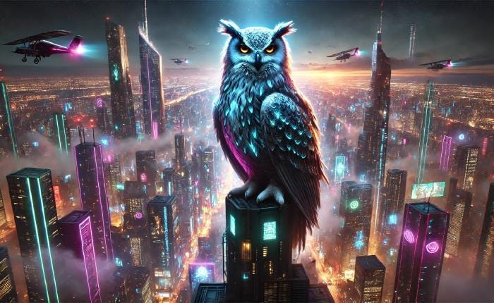 DALL-E A colossal owl perched atop a futuristic skyscraper, overlooking a cyberpunk city at night, epic, cinematic, breathtaking, highly detailed, atmospheric, glowing neon lights, intricate feathers, dramatic, digital matte painting