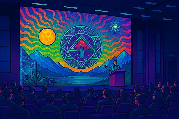 Remove the large mushroom from the psychedelic conference scene set in the Swiss Alps with a modern tech venue aesthetic