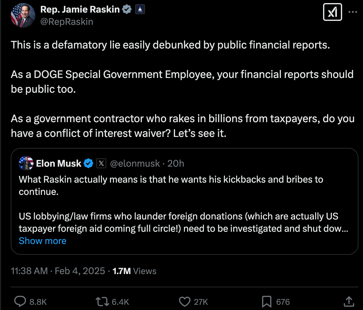 his is a defamatory lie easily debunked by public financial reports. As a DOGE Special Government Employee, your financial reports should be public too. As a government contractor who rakes in billions from taxpayers, do you have a conflict of interest waiver? Let’s see it. his is a defamatory lie easily debunked by public financial reports. As a DOGE Special Government Employee, your financial reports should be public too. As a government contractor who rakes in billions from taxpayers, do you have a conflict of interest waiver? Let’s see it.