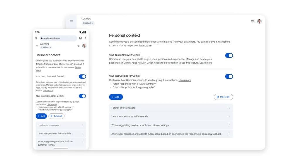 A side-by-side comparison of the Gemini "Personal context" settings on a mobile phone and a desktop browser, showing customization options.