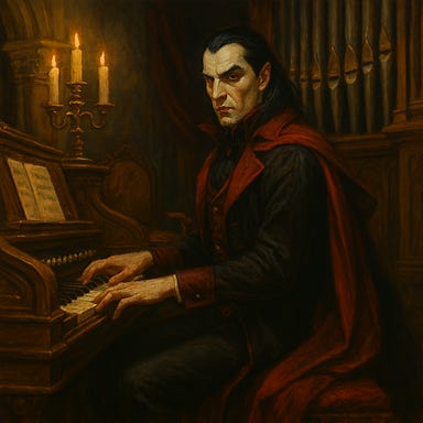 Create an image of Strahd Von Zarovich seated at the organ in the dining hall of Castle Ravenloft. Use the previously defined feature palette: tall and intense, with pale skin, angular features, and piercing eyes that reflect candlelight. His dark hair is swept back, and he wears a high-collared crimson coat with silver embroidery, evoking gothic nobility and predatory elegance. The organ looms behind him like a skeletal crown, its pipes casting long shadows across the vaulted stone ceiling. Candlelight flickers across the velvet carpet and gilded fixtures. Strahd’s fingers rest lightly on the keys, his expression unreadable—somewhere between reverence and calculation. The atmosphere is heavy with haunted grandeur and restrained menace.
