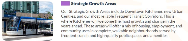 Text: Our Strategic Growth Areas include Downtown Kitchener, new Urban Centres, and our most reliable Frequent Transit Corridors. This is where Kitchener will welcome the most growth and change in the years ahead. These areas will offer a mix of housing, employment, and community uses in complete, walkable neighbourhoods served by frequent transit and high-quality public spaces and amenities. 
