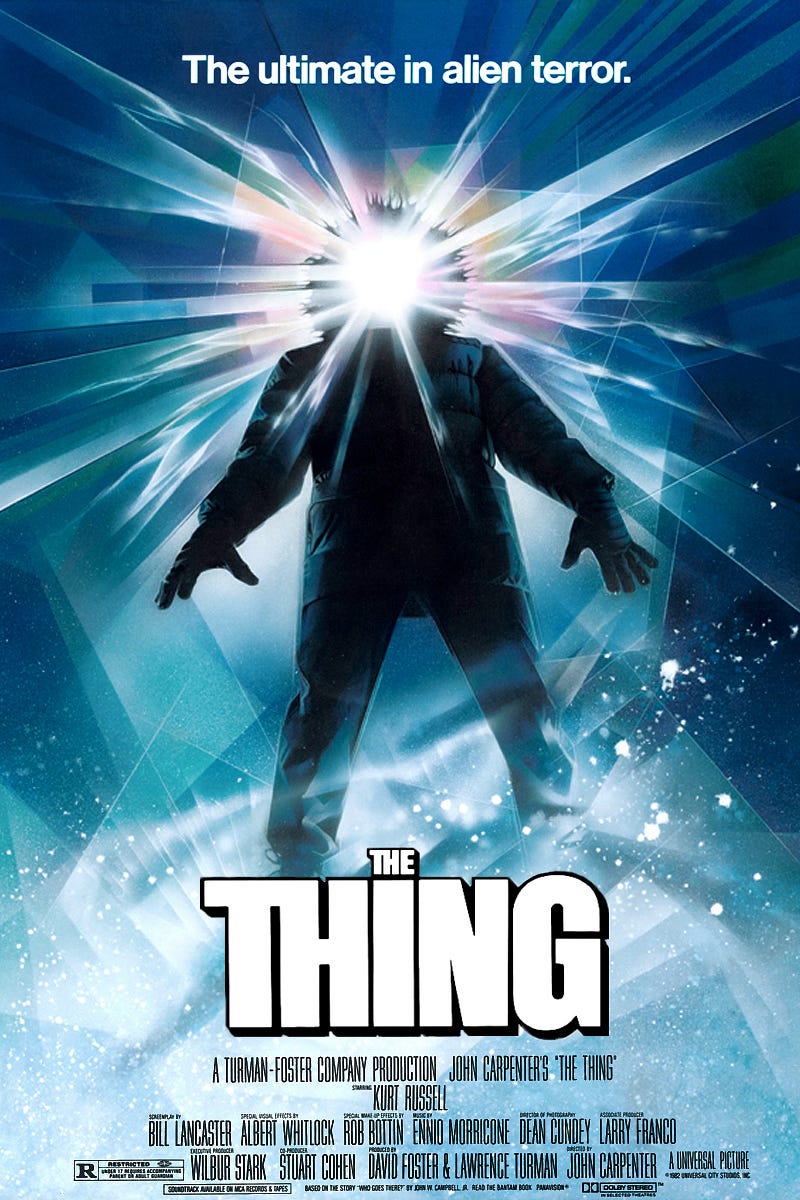Original theatrical poster for The Thing (1982, dir. John Carpenter): a silhouetted figure with a blinding white light erupting from where the head should be, against a blue geometric background. Tagline: "The ultimate in alien terror."