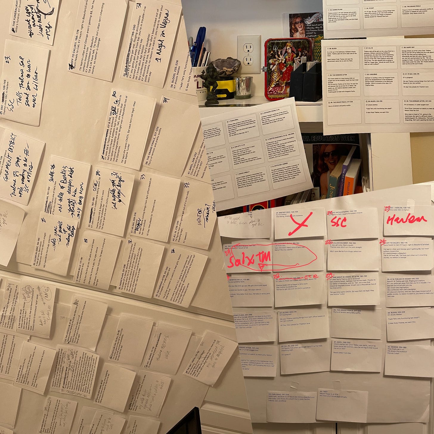 A bunch of little squares of cut up paper with typed and handwritten notes.