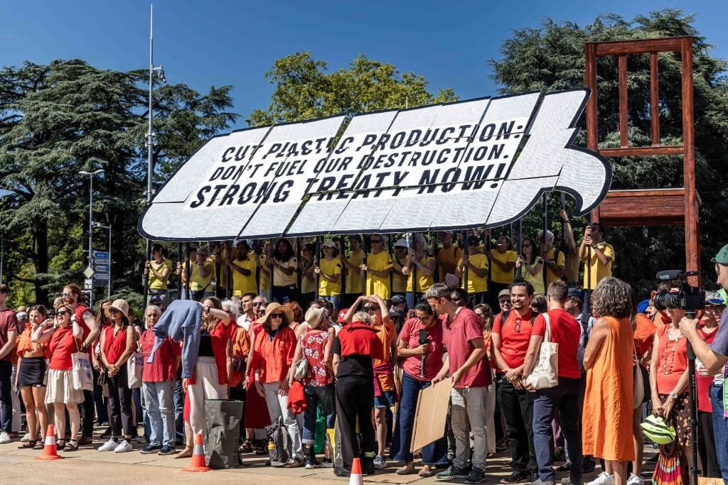 Campaigners at the second part of the fifth session of the Intergovernmental Negotiating Committee on plastic pollution, including in the marine environment (INC-5.2) in Geneva, Switzerland. Campaigners at the second part of the fifth session of the Intergovernmental Negotiating Committee on plastic pollution, including in the marine environment (INC-5.2) in Geneva, Switzerland.