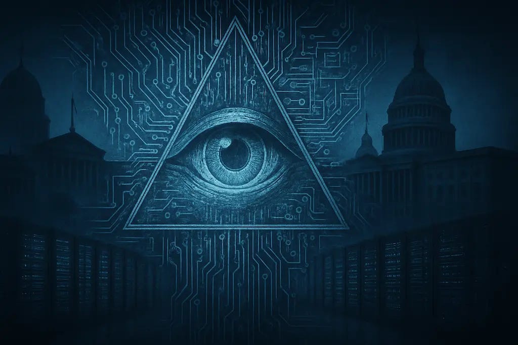 Camadas superpostas de prédios, circuitos e símbolos de vigilância, mesclando governo e tecnologia, com um olho que tudo vê dentro de um triangulo, com aspecto eletrônico-digital.