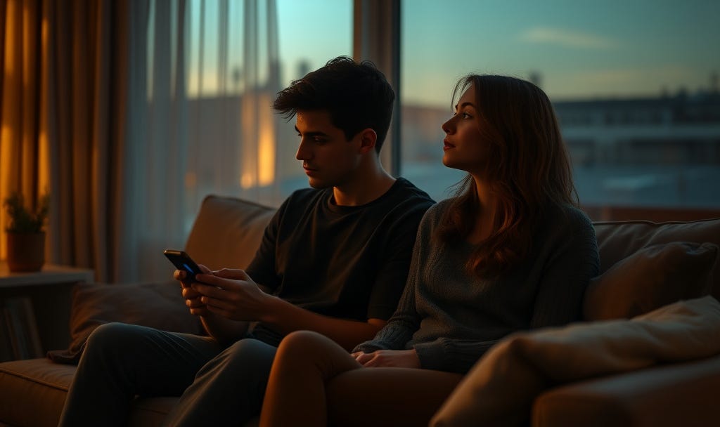 A couple sitting close on a couch in a dimly lit living room, yet emotionally distant — one scrolling on their phone while the other gazes away with quiet longing. Warm window light contrasts with the cold glow of the screen, symbolizing modern intimacy and the hidden loneliness many feel today. A couple sitting close on a couch in a dimly lit living room, yet emotionally distant — one scrolling on their phone while the other gazes away with quiet longing. Warm window light contrasts with the cold glow of the screen, symbolizing modern intimacy and the hidden loneliness many feel today.