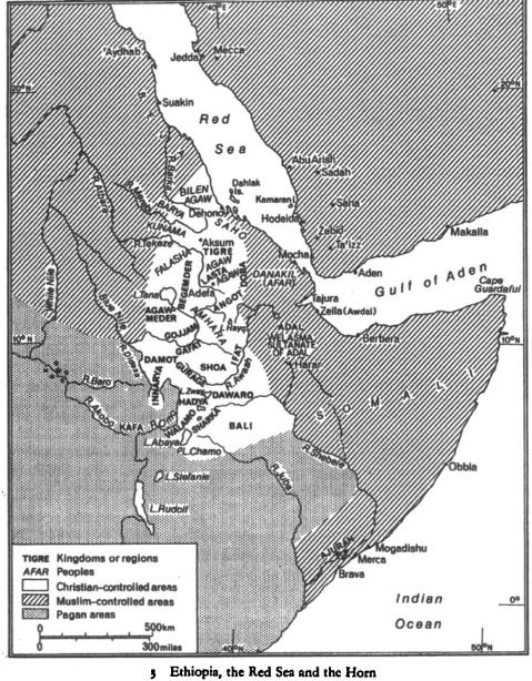 A historical map of the Horn of Africa and the Red Sea region. It distinguishes between Christian-controlled highlands (white), Muslim-controlled sultanates and coastal areas (diagonal shading), and pagan regions (stippled shading). Key locations include the Sultanate of Adal, Ifat, Shoa, and the southern principalities of Dawaro, Hadya, Sharkha, and Bali.