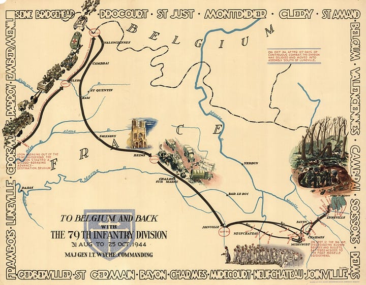 Over the Rhine with the 79th Infantry Division, 17 Feb to 9 May 1945 (1945) Through France with the 79th Infantry Division, 14 June to 29 Aug, 1944 (1944) To Belgium and back with the 79th Infantry Division, 31 Aug to 25 Oct, 1944 (1944) To the Rhine with the 79th Infantry Division, 25 Oct to 14 Feb. 1945 (1945)