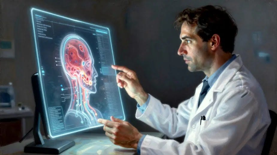 Doctor viewing a 3D holographic medical scan, symbolizing the integration of AI and advanced imaging in modern healthcare.