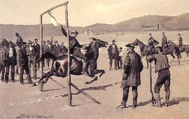 Image of a former American pastime where men rode on horseback and tried to pull off the head of a goose hung from a bar. Image of a former American pastime where men rode on horseback and tried to pull off the head of a goose hung from a bar.