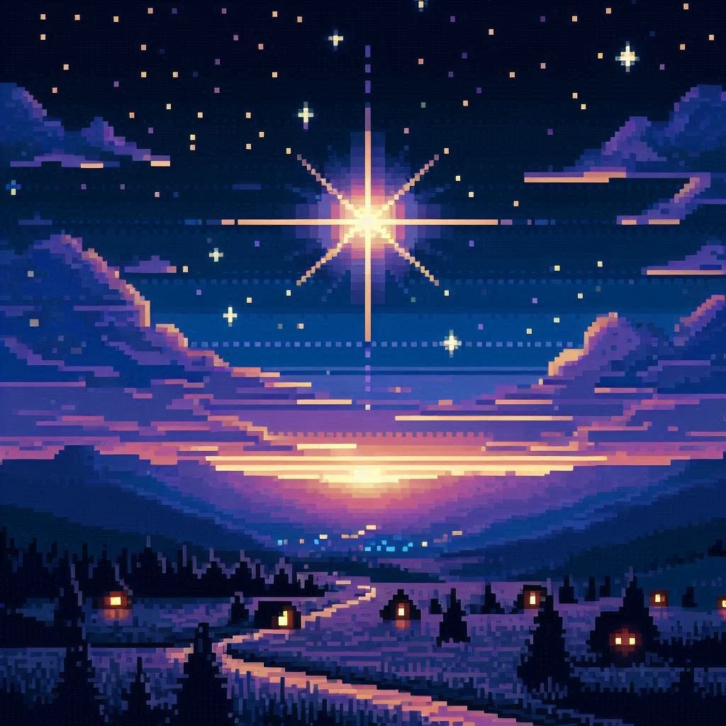 A starry night sky with one especially bright star, like the North Star, above a landscape with trees and occasional houses.