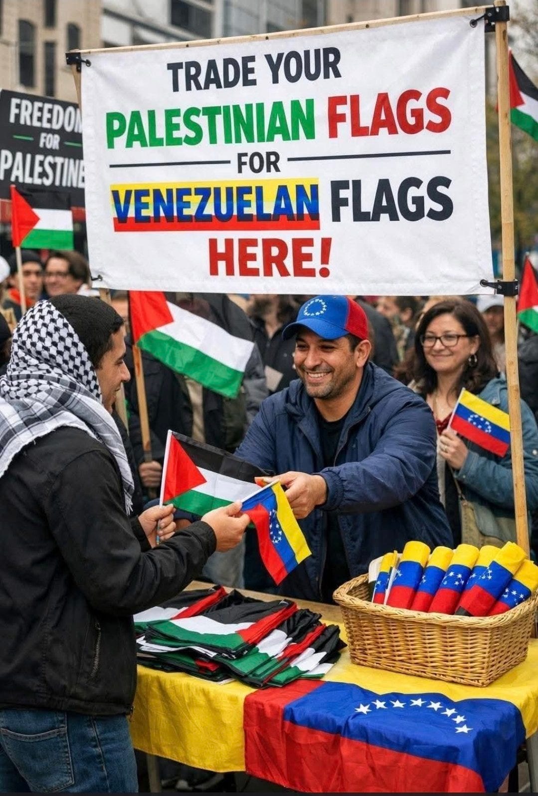 Activists trading Palestinian flags for Venezuelan flags whilst Russia controls Ukraine lithium reserves and US secures Venezuela silver deposits mineral wars 2026 https://bit.ly/4qDJp4D