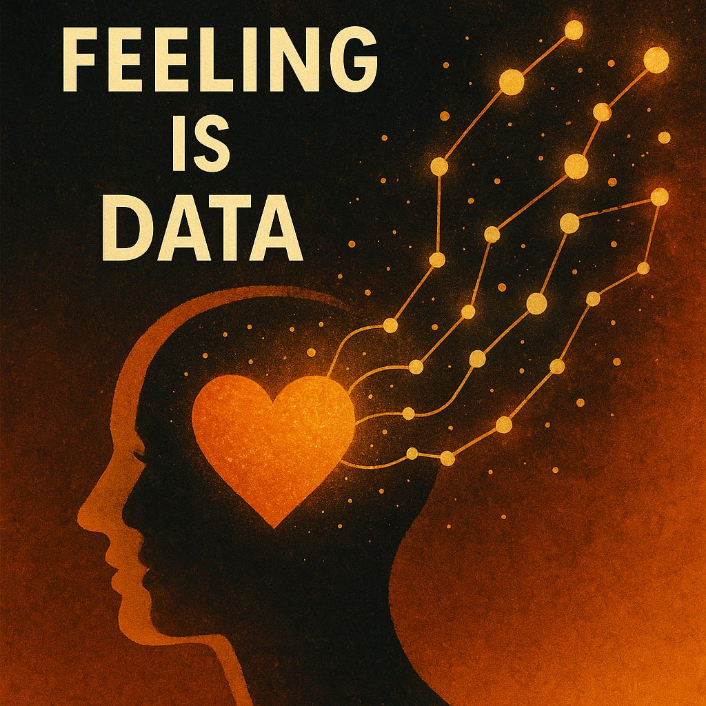 Illustration of a human head in profile with a glowing heart inside it. From the heart, golden dotted lines branch outward like data streams, symbolising emotion feeding information into awareness. The words “FEELING IS DATA” appear at the top in bold lettering.