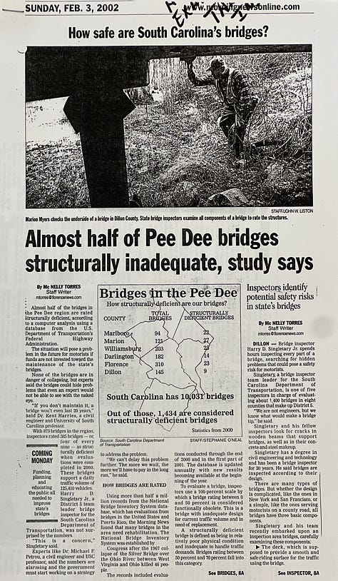 Front page as it appeared in the Morning News in 2002 with the full data analysis showing that almost half of bridges in the Pee Dee region were structurally inadequate. A second story also pictured here focused on a bridge inspector Mc Nelly Torres shadowed for days to write about what this job entailed. (Mc Nelly Torres | Don’t Forget My Voice)