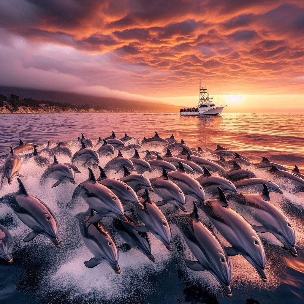 super pod of dolphins in monterey bay photorealistic