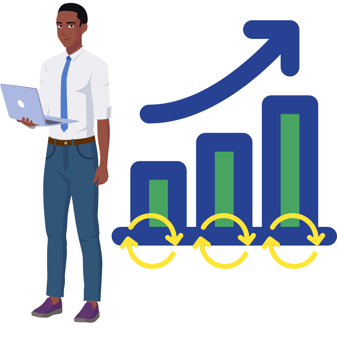 Graphic of a business man holding a computer next to an up-trending graph with loops. Graphic of a business man holding a computer next to an up-trending graph with loops.