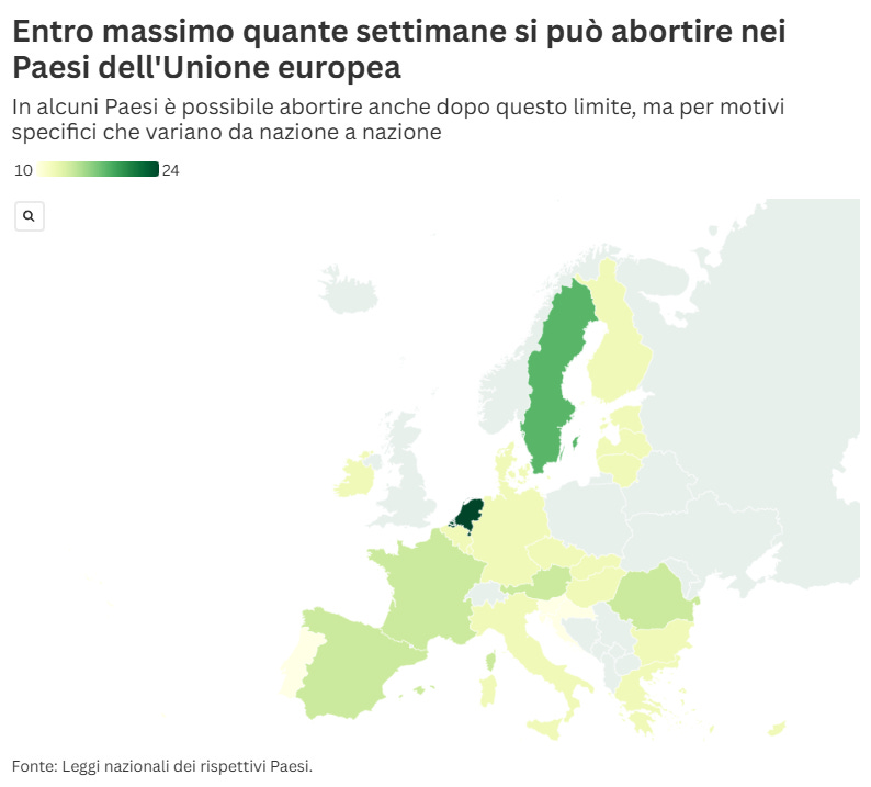 Mappa dell'Unione Europea che mostra il limite massimo di settimane entro cui è possibile abortire nei vari Paesi. I colori variano dal giallo chiaro al verde scuro, indicando un intervallo tra 10 e 24 settimane. In alcuni Paesi è possibile abortire anche oltre questo limite per motivi specifici. Fonte: Leggi nazionali dei rispettivi Paesi. Mappa dell'Unione Europea che mostra il limite massimo di settimane entro cui è possibile abortire nei vari Paesi. I colori variano dal giallo chiaro al verde scuro, indicando un intervallo tra 10 e 24 settimane. In alcuni Paesi è possibile abortire anche oltre questo limite per motivi specifici. Fonte: Leggi nazionali dei rispettivi Paesi.