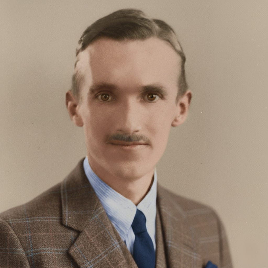 A vintage-style, colourised head-and-shoulders portrait of a man looking directly at the camera. He has short, dark hair parted on the side and a neatly trimmed mustache. He is dressed formally in a brown plaid suit jacket with a matching waistcoat, a blue and white striped collared shirt, a solid dark blue tie, and a matching blue pocket square. The background is a solid, neutral beige color.