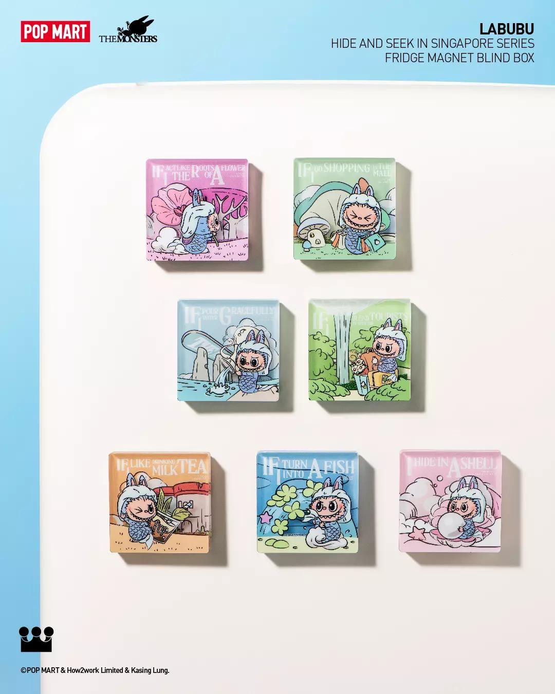 Subject: Labubu Hide and Seek in Singapore fridge magnet blind-box set displayed on a white board.