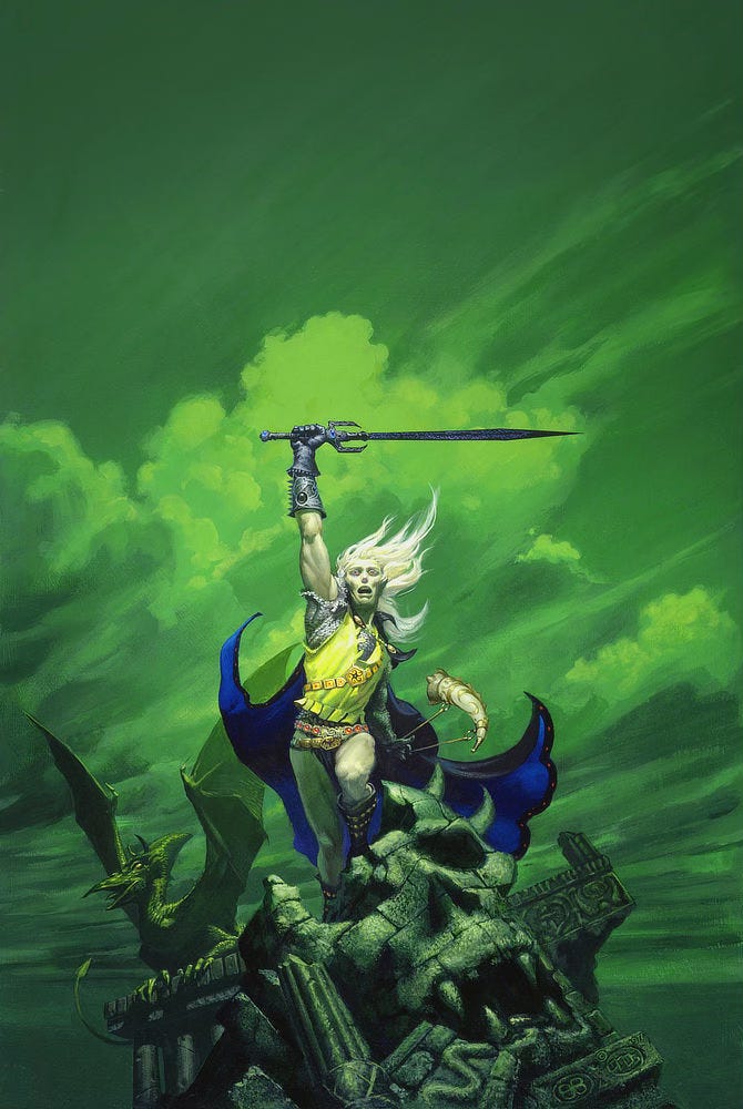 Standing atop ruins at the end of the world, an anguished Elric thrusts the runeblade Stormbringer to the heavens. The sky behind him roils with clouds rendered in acidic green. The chainmail on his right arm is torn. He wears a yellow tunic and belts strapped across his waist and chest crusted with jewels. His purple and black cloak billows in the wind. From a leather cord, he holds an ivory horn with ornate swirls of gold. The ruins he stands upon are crumbling, including the face of a skull that is missing a chunk of forehead and part of the orbital. The mouth isn't human given the fangs in its mouth and the horns protruding off the side of the head that is intact. Off to the side, a pterosaur-like creature perches with wings spread.