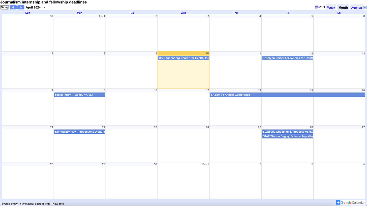 A journalism, fellowship and conference calendar shows internships for STAT, Factal and BuzzFeed.