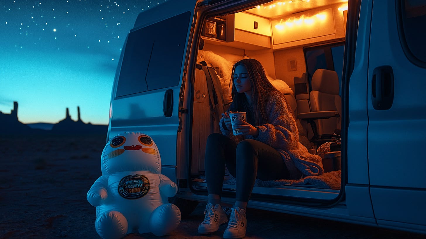 A photorealistic AI image of a woman sitting in a van eating ramen, a robot toy sits on the ground outside. It is night.