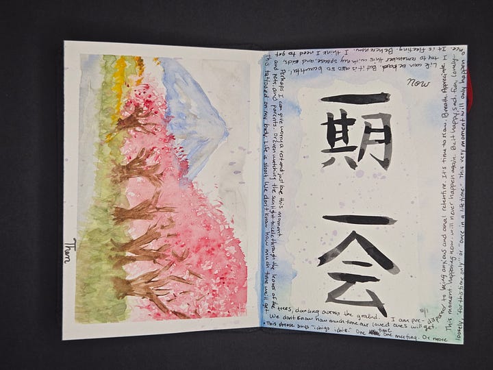 Watercolor sketchbook spread of Mount Fuji and cherry blossoms, paired with Japanese calligraphy and practice sketches inspired by Japan.