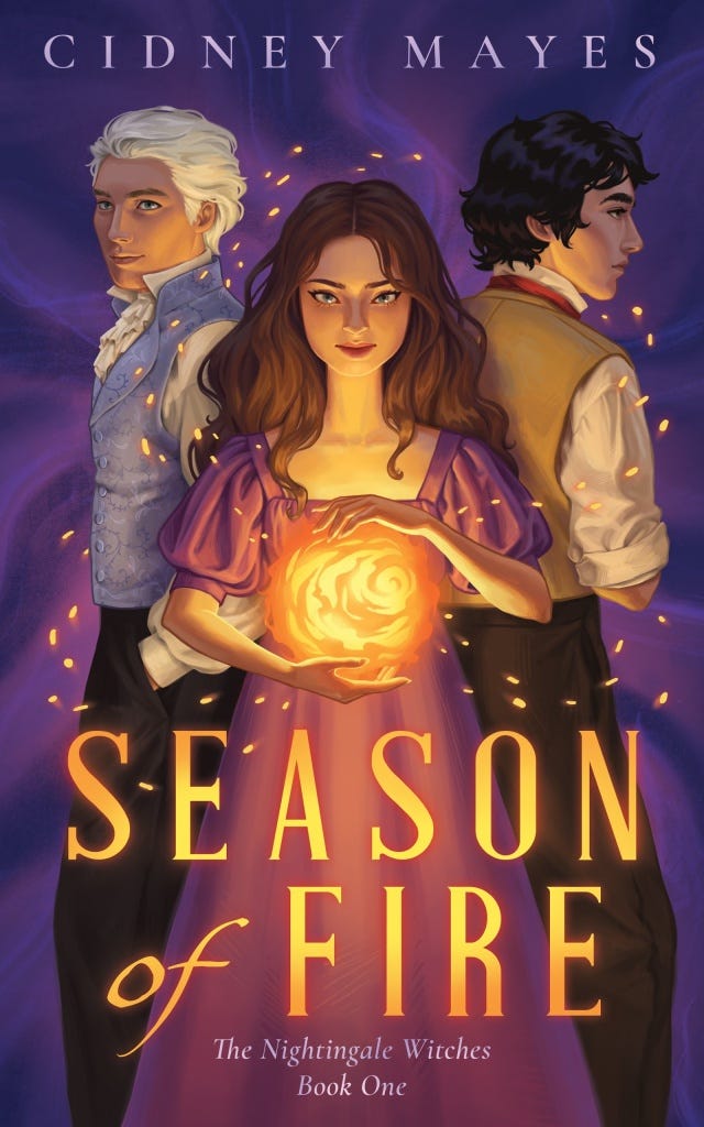 Season of Fire book cover. Girl holding ball of fire flanked by two males.