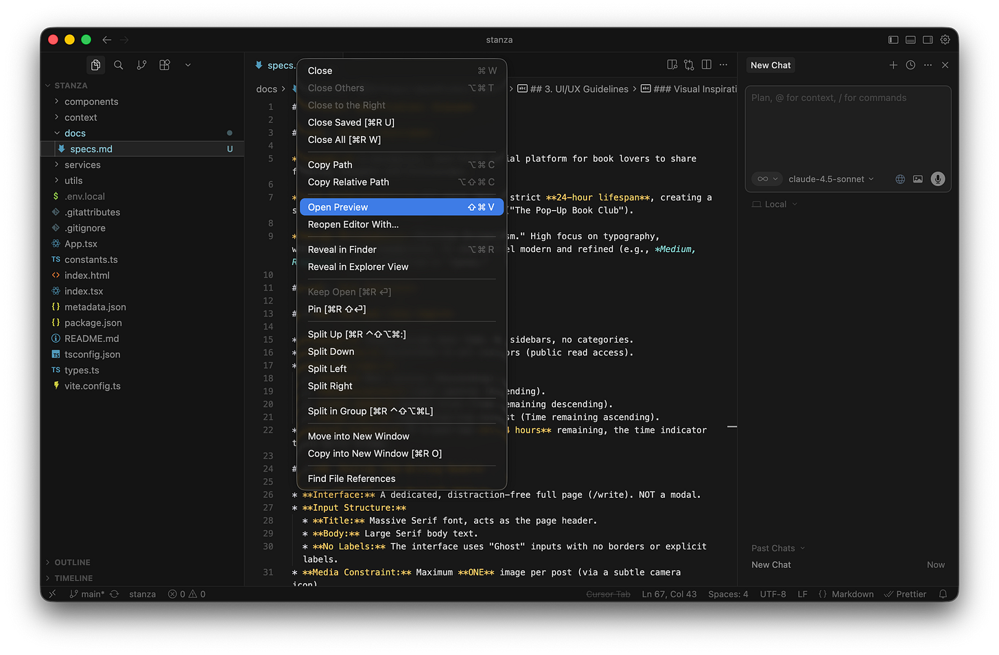The Cursor code editor shows a right-click menu over the file tab with the Open Preview option highlighted in blue. The Cursor code editor shows a right-click menu over the file tab with the Open Preview option highlighted in blue.