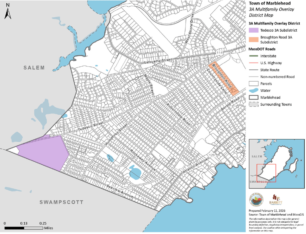 A map of Marblehead's extremely limited 3A upzoning.