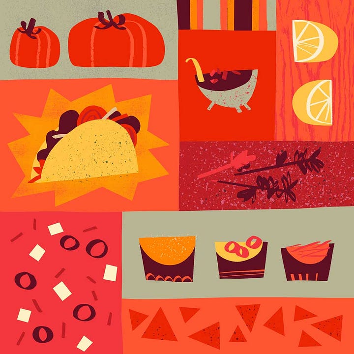 Spicy food illustrations in a grid with a very hot color scheme, mostly in red shades..