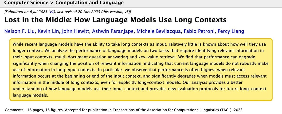 Lost in the Middle, Liu et al., TACL