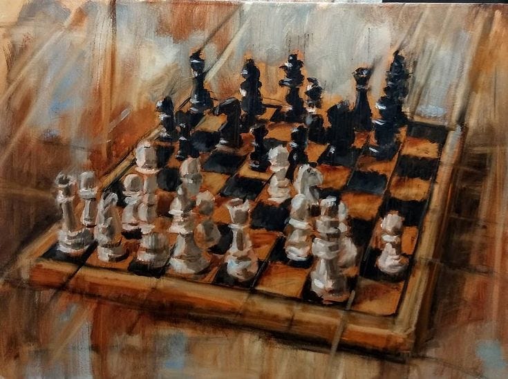 This may contain: a painting of a chess board with pieces on it This may contain: a painting of a chess board with pieces on it