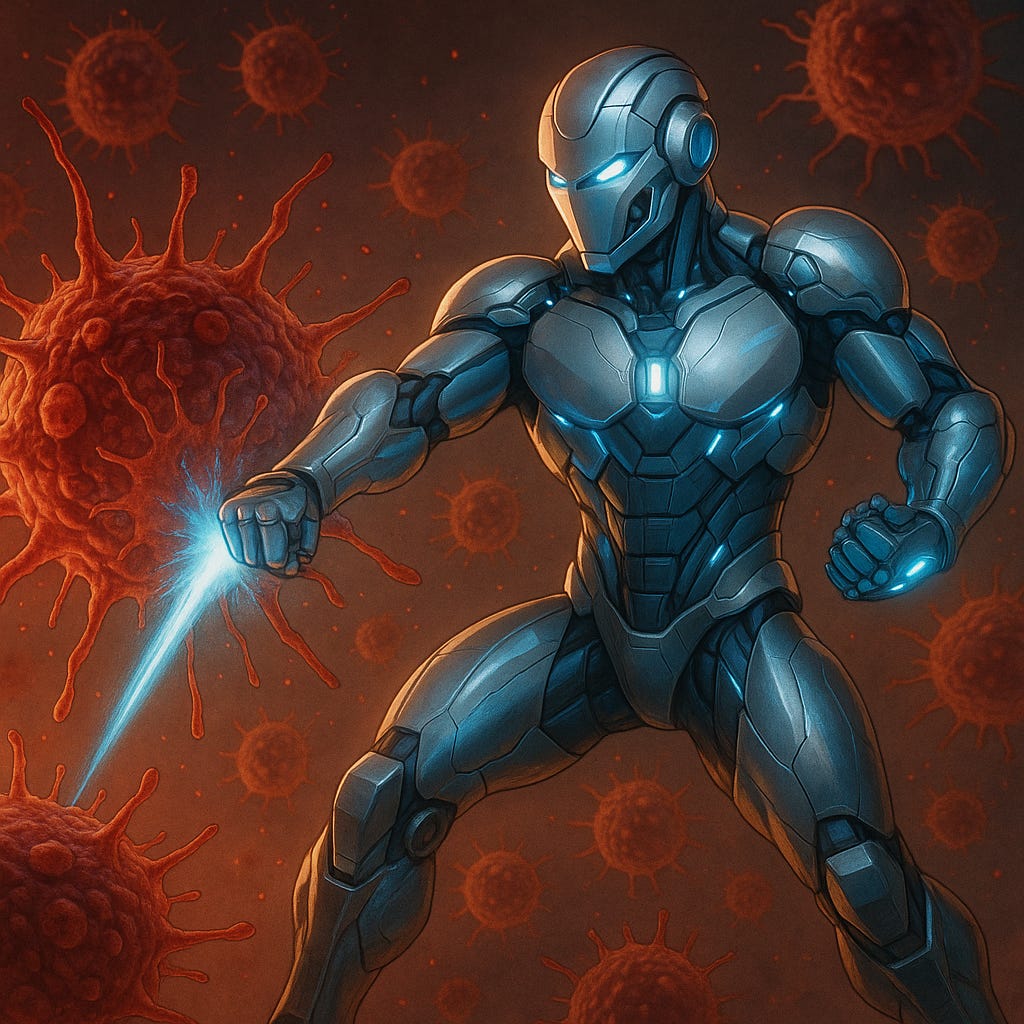 Superhuman AI character as powerful cancer fighter for article cover