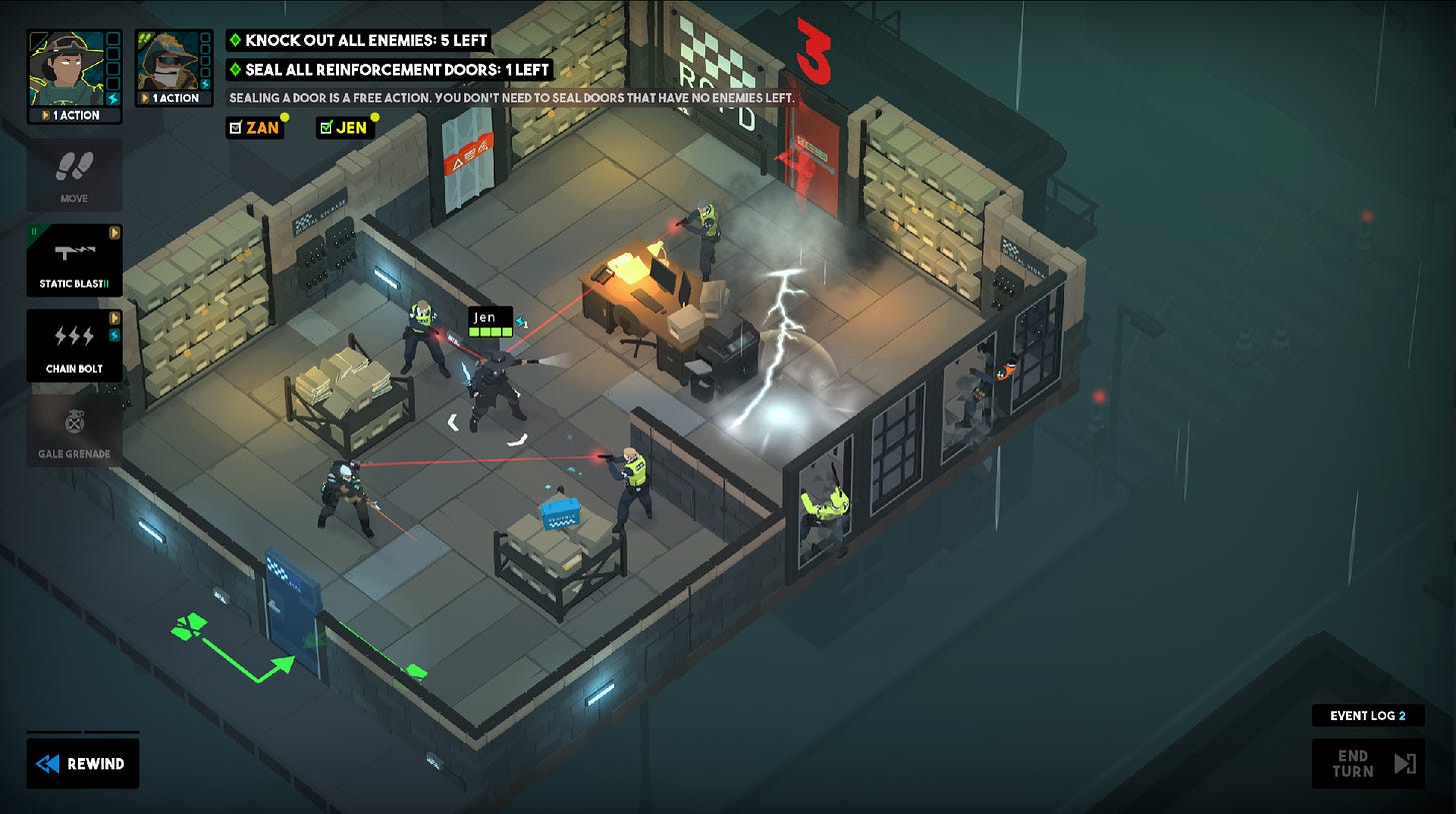 A couple combatants getting knocked out of a window in Tactical Breach Wizards (don't worry though, they'll be fine)
