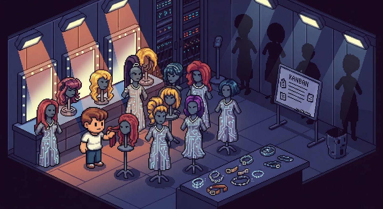 “90s retro pixel art in a River City–inspired aesthetic, slightly isometric 3/4 angle. Backstage styling area lit with #eb5622 backlights and #f9f4f2 overhead glow, with #111315 silhouettes of unused props. The agent evaluates dramatic wigs on stands and dresses with subtle circuit filigree. A small Kanban-style whiteboard sits in the background. Accessories with tiny syntax-symbol motifs shimmer softly. Mood playful and exploratory. Camera moderately close. Continuity: same protagonist sprite, same tech-fashion motifs, server-rack lighting with ANTM palette.”