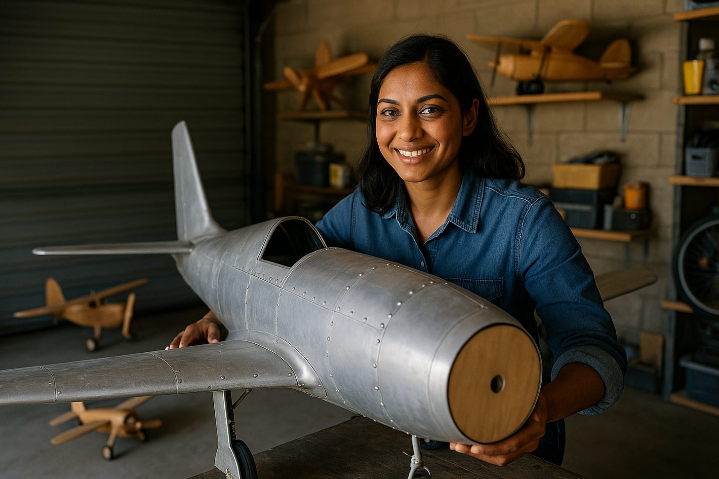 Woman with a large model airplane, symbolizing scaling complex systems with precision. 