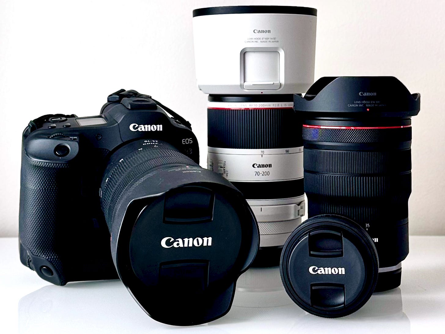 Canon EOS R3 + 15-35mm, 24-70mm, 70-200mm, 28mm lenses