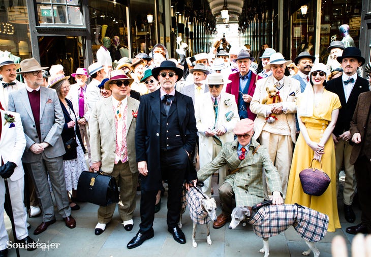 Top events in London this weekend: a group of people dressed up, in front of a shopping arcade