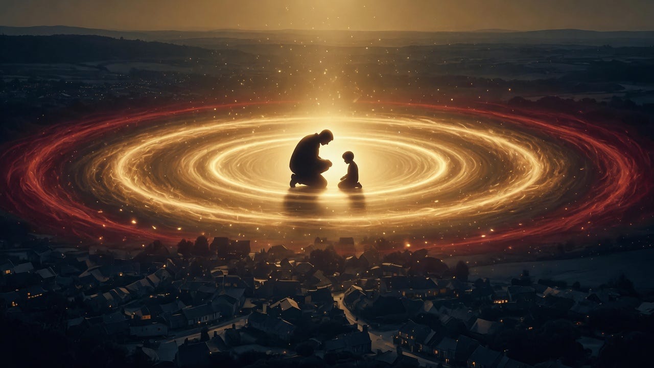 Cinematic editorial conceptual illustration. At the center, the warm backlit silhouette of an adult kneeling to meet a small child — the two figures dark against a single source of golden light, dignified and protective, no faces visible. From that point of light, concentric rings of luminous energy ripple outward like a shockwave made of warmth instead of destruction, expanding across a vast darkened landscape of a sleeping community: rooftops, streets, and distant hills in deep navy and charcoal. The nearest rings glow gold and amber; the farthest rings carry a faint ember-red edge as they reach the horizon, illuminating the dark in widening circles. Volumetric light, atmospheric haze, fine particles drifting in the beams. High contrast, painterly realism, somber yet hopeful, reverent and serious in tone. Color palette: warm gold core fading to deep ink-navy and charcoal, with a single oxblood-red accent. No text. Wide cinematic composition, 16:9, suitable for an article header. Cinematic editorial conceptual illustration. At the center, the warm backlit silhouette of an adult kneeling to meet a small child — the two figures dark against a single source of golden light, dignified and protective, no faces visible. From that point of light, concentric rings of luminous energy ripple outward like a shockwave made of warmth instead of destruction, expanding across a vast darkened landscape of a sleeping community: rooftops, streets, and distant hills in deep navy and charcoal. The nearest rings glow gold and amber; the farthest rings carry a faint ember-red edge as they reach the horizon, illuminating the dark in widening circles. Volumetric light, atmospheric haze, fine particles drifting in the beams. High contrast, painterly realism, somber yet hopeful, reverent and serious in tone. Color palette: warm gold core fading to deep ink-navy and charcoal, with a single oxblood-red accent. No text. Wide cinematic composition, 16:9, suitable for an article header.
