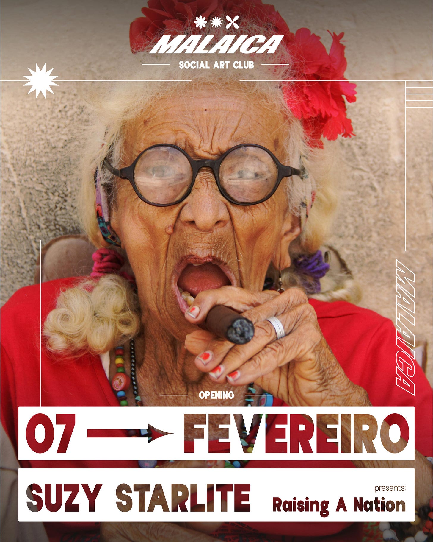 Woman smoking cigar on a poster advertising Raising A Nation installation by Suzy Starlite 