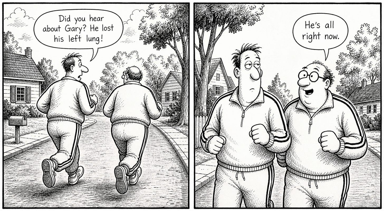 Two-panel Far Side style comic about a jogger's lung pun