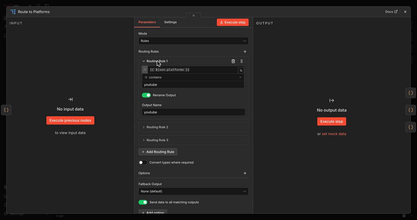 The Route to Platforms Switch node on the deployed orchestrator, Mode set to Rules, Routing Rule 1 expanded to show the expression platforms contains youtube with the output renamed to youtube, and at the bottom the Send data to all matching outputs toggle switched on