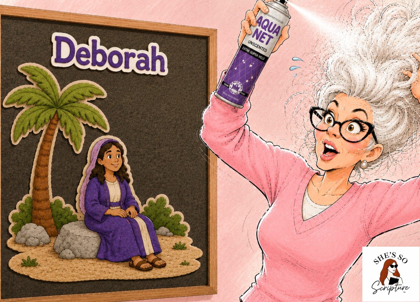 Illustrated split scene featuring a felt flannel board with the name "Deborah" and a serene young woman seated beneath a palm tree, alongside a cartoon woman with wild white hair enthusiastically spraying a can of Aqua Net hairspray, wearing a pink sweater and cat-eye glasses, on a blush pink background. Illustrated split scene featuring a felt flannel board with the name "Deborah" and a serene young woman seated beneath a palm tree, alongside a cartoon woman with wild white hair enthusiastically spraying a can of Aqua Net hairspray, wearing a pink sweater and cat-eye glasses, on a blush pink background.