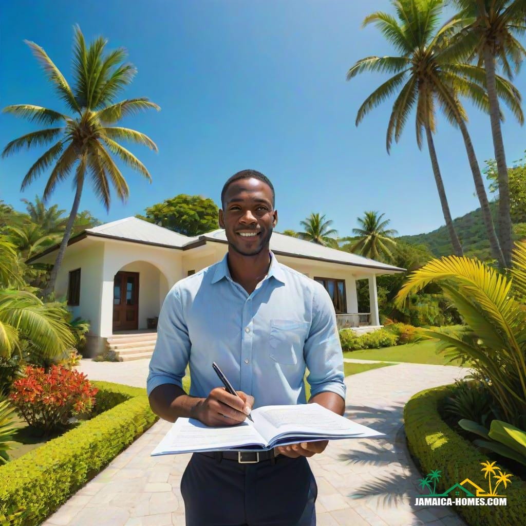 A professional real estate agent standing confidently in front of a modern tropical house with palm trees and lush greenery, symbolizing a property sale in Jamaica. The agent is holding a legal document and a pen, exuding trust and professionalism. In the background, subtle elements like a globe, world map, or connecting lines represent international collaboration and co-owners in different countries. The scene is bright and welcoming, with a clear blue sky emphasizing the island's beauty and warmth.