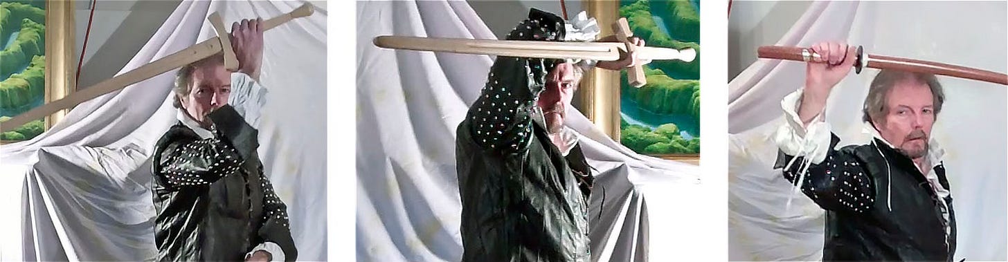 Three torso shots of the artist holding up a wooden sword. The first features the sword angling down left. The second features the cover pose with his arm up, shielding his eye as the sword —held in an inverted grip—runs horizontally past his elbow. His face is half in shadow with the other half lit. The last features him turning back to the audience with his arm out in an L holding the sword parallel so it runs overhead off panel to the right.